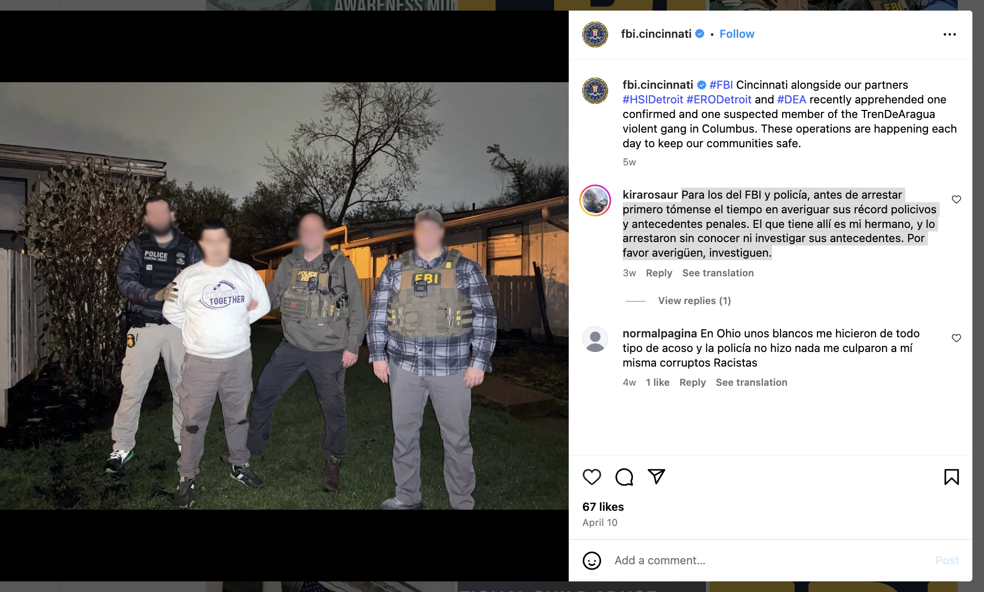 Screen shot of FBI Instagram post showing agents flanking an immigrant worker in a white tshirt and work pants saying he is a gang member when he is not